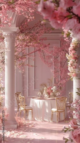 A room with a table, chairs, and flowers
