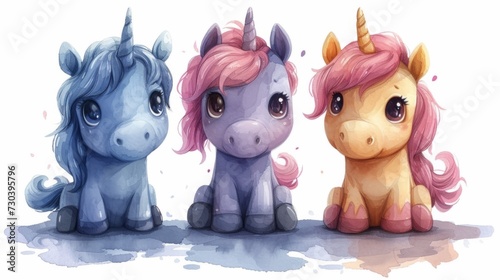 Three cute little unicorns sitting next to each other