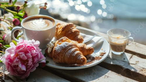 A plate of croissants and a cup of coffee