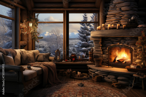 A cozy winter cabin with a fireplace, depicting a peaceful retreat during the cold months. Generative Ai.