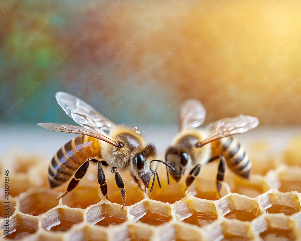 Naklejka premium Close up view of the working bees on honey comb cells. Beekeeping concept