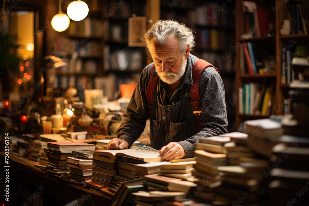 A small bookshop owner arranging books, showcasing the charm of independent businesses. Generative Ai.