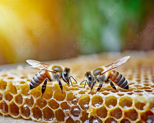 Close up view of the working bees on honey comb cells. Beekeeping concept © Mariusz Blach