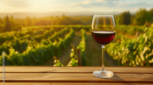 Glass of red wine on vineyard background. Tuscany, Italy