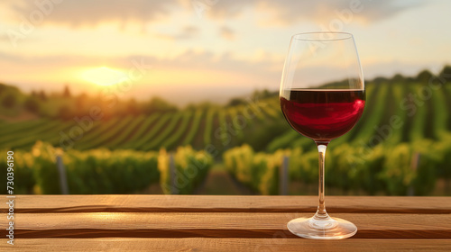 Glass of red wine on vineyard in Tuscany, Italy