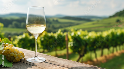 Wineglass with white wine on vineyard in Chianti region, Tuscany, Italy