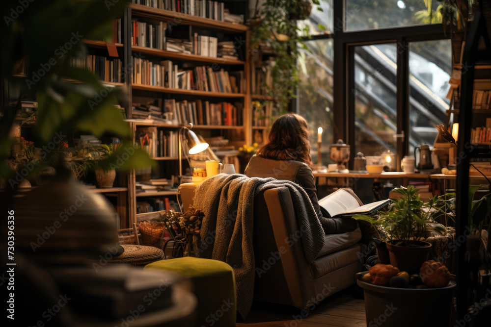 A person reading a book in a cozy home library, emphasizing the love for literature and quiet moments. Generative Ai.