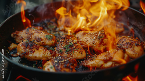 Fried chicken legs in a frying pan on a fire, close-up