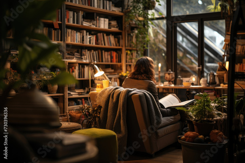 A person reading a book in a cozy home library  emphasizing the love for literature and quiet moments. Generative Ai.