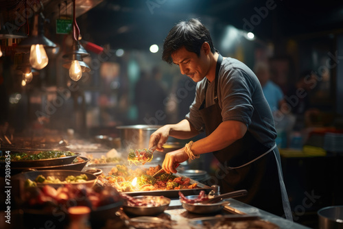 A street food vendor preparing local delicacies, showcasing culinary diversity and culture. Generative Ai.