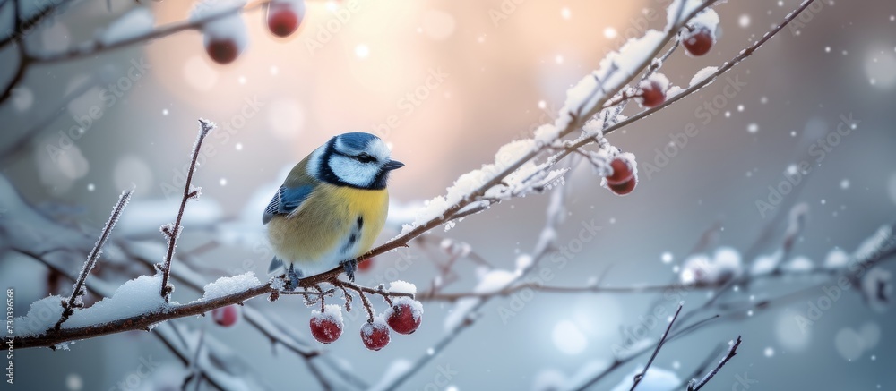 Eurasian Blue Tit in a winter forest. Eurasian Blue Tit in a winter forest.