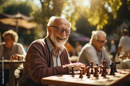 A group of elderly people enjoying a chess game in the park, symbolizing leisure and wisdom. Generative Ai.