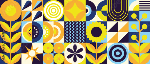 Small set of abstract geometric agriculture concept pattern in fabric style. A collage of plants of simple forms. Ukrainian color scheme