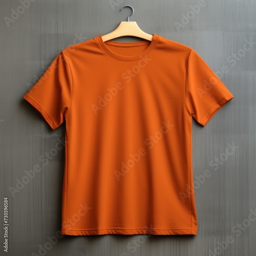 Orange t shirt is seen against a gray wall