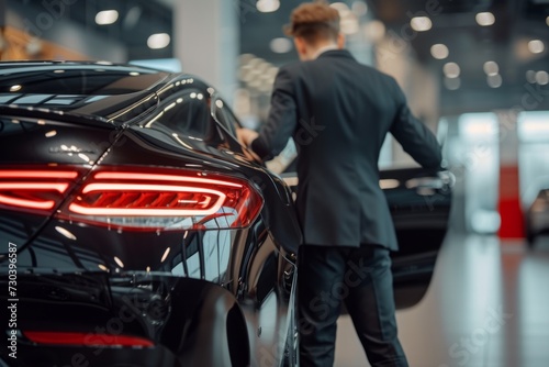 a man is getting into the black car at a car dealership Generative AI