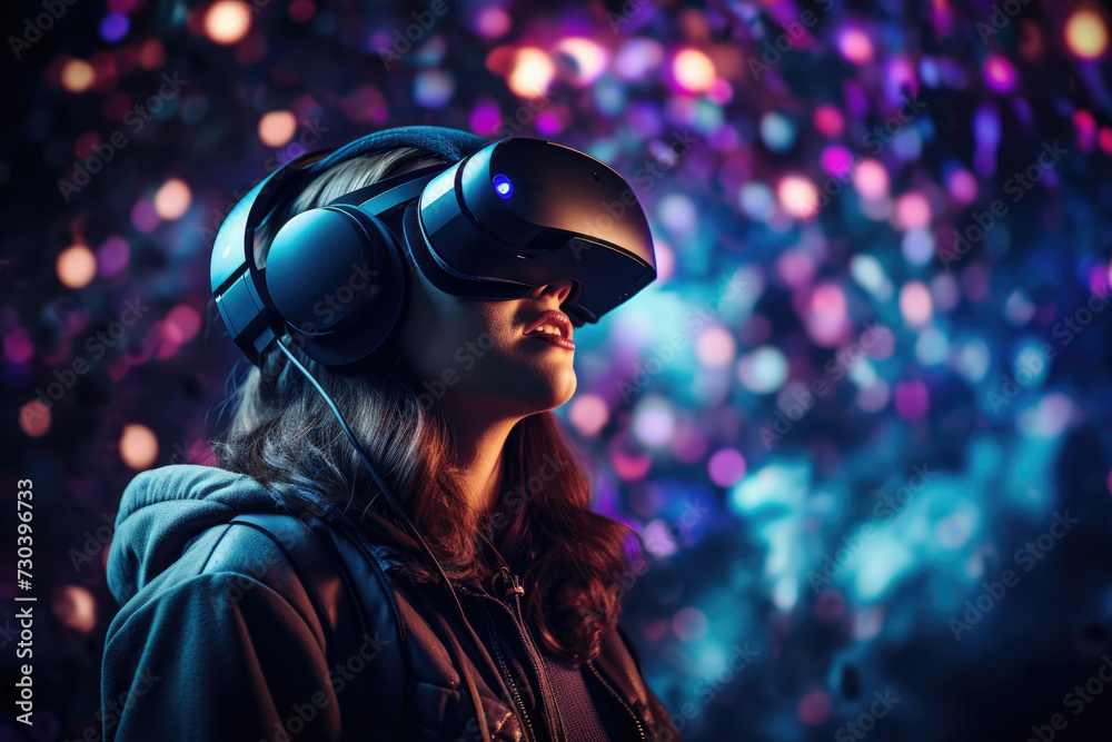 A person using a virtual reality headset, illustrating the immersion and possibilities of VR technology. Generative Ai. A person using a virtual reality headset, illustrating the immersion and possibilities of VR technology. Generative Ai.