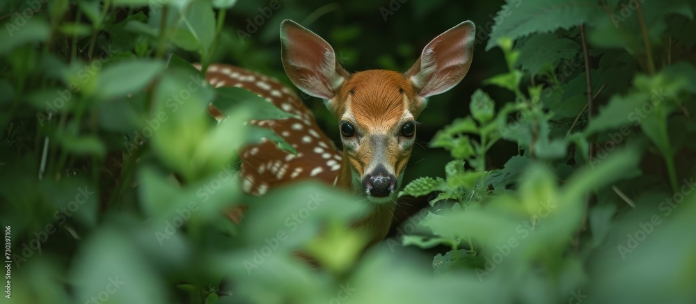 Hidden among the plants, a small, white-tailed fawn emerges. Hidden among the plants, a small, white-tailed fawn emerges.