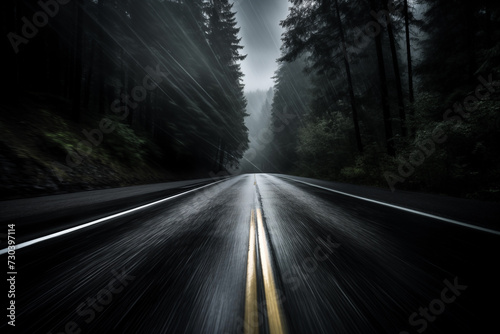 Motion Blurred Wet Mountain Road with Pine Trees