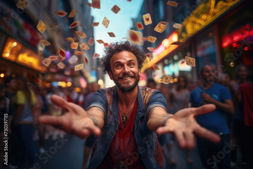 A street magician performing tricks, capturing the wonder and entertainment of street performances. Generative Ai.