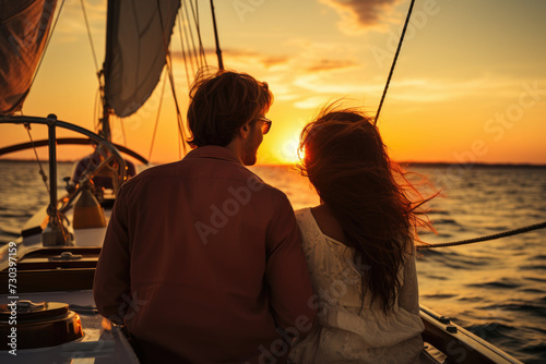 A couple enjoying a sunset sailboat ride, depicting romance and the beauty of the sea. Generative Ai.