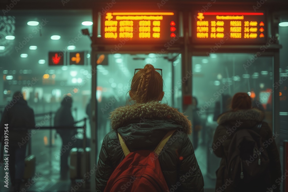 Waiting Passenger at Airport During Evening Rush