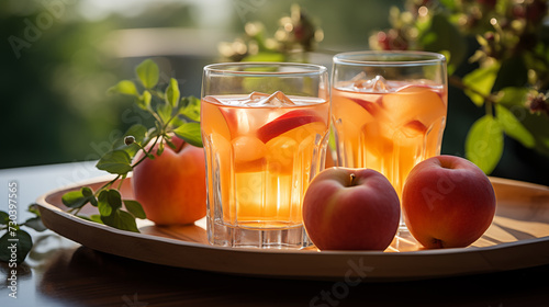 Glass with fresh fruit juice on the table and plate with ripe fruits, blossoming apple tree branch on background