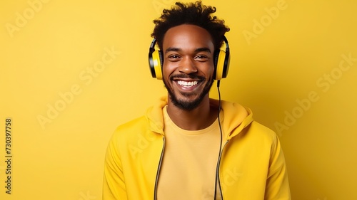 Young cute African American man smiling wearing casual clothes and headphone enjoying listening music overisolated on plain yellow background studio with copy space. Lifestyle concept