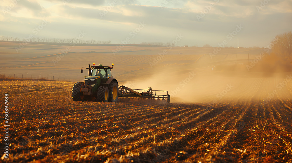 Fototapeta premium Agricultural worker with a tractor in the field.