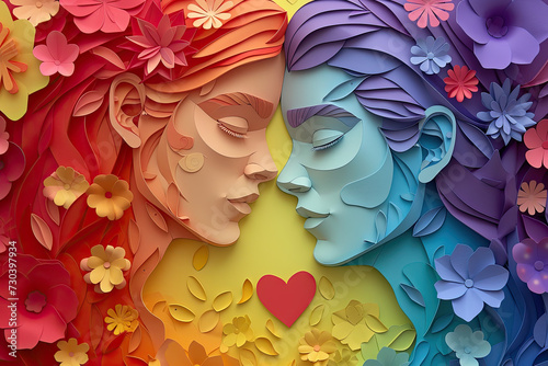 An illustration in paper art style depicts a lesbian couple embracing each other, celebrating Pride Month, diversity and inclusion, LGBT
