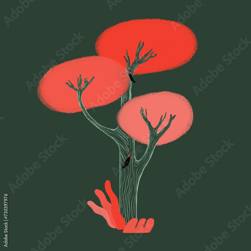 Surreal pink foliaged tree with branch hand transformation. Generative AI image photo