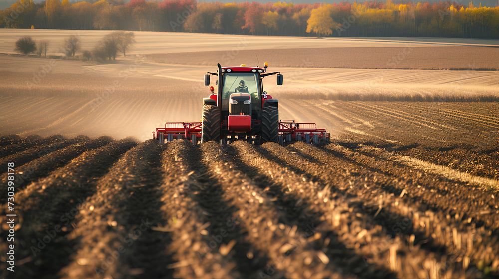 Fototapeta premium Agricultural worker with a tractor in the field.