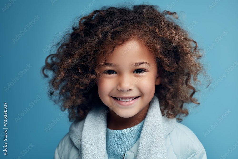 Portrait of a cute little girl with curly hair on a blue background