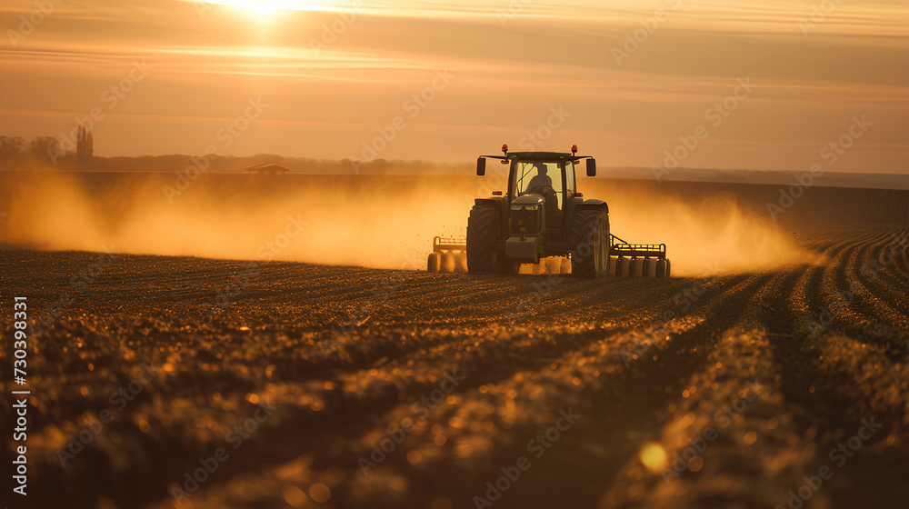 Fototapeta premium Agricultural worker with a tractor in the field.