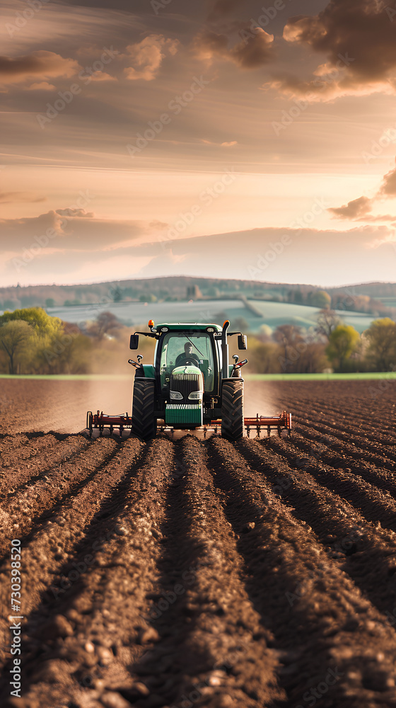 Fototapeta premium Agricultural worker with a tractor in the field.