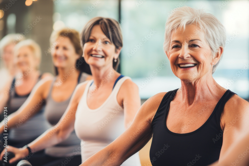 Senior women in sportswear exercising on row machines in a gym workout class, promoting an active lifestyle and healthcare with joyful socializing