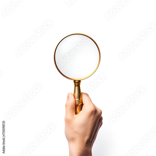 Hand holding magnifying glass on white 