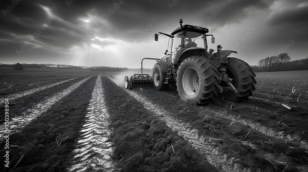 Fototapeta premium Agricultural worker with a tractor in the field.
