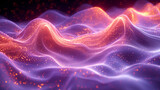 Background with glowing abstract purple 3D waves in gold, shiny, sparkling particles.