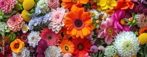 Top-down view of headshot flowers, captured with full depth of field in a photo showcasing a big collection set of various blooms.