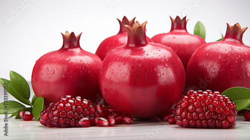 Fresh red ripe pomegranate with green leaves on a white background