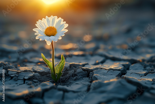 Global warming concept. A flower grows through dry soil. Climate change. © Olena