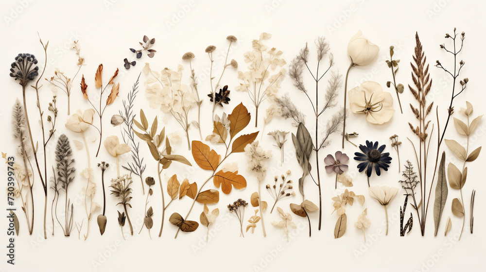 A floristic composition of dried flowers for hand made and scrapbooking. Romantic floral design of postcard paper. - obrazy, fototapety, plakaty 