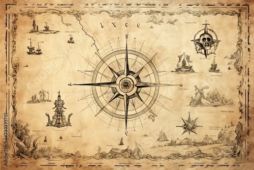 Ancient compass on old vintage world map background with Antique pirate rare items