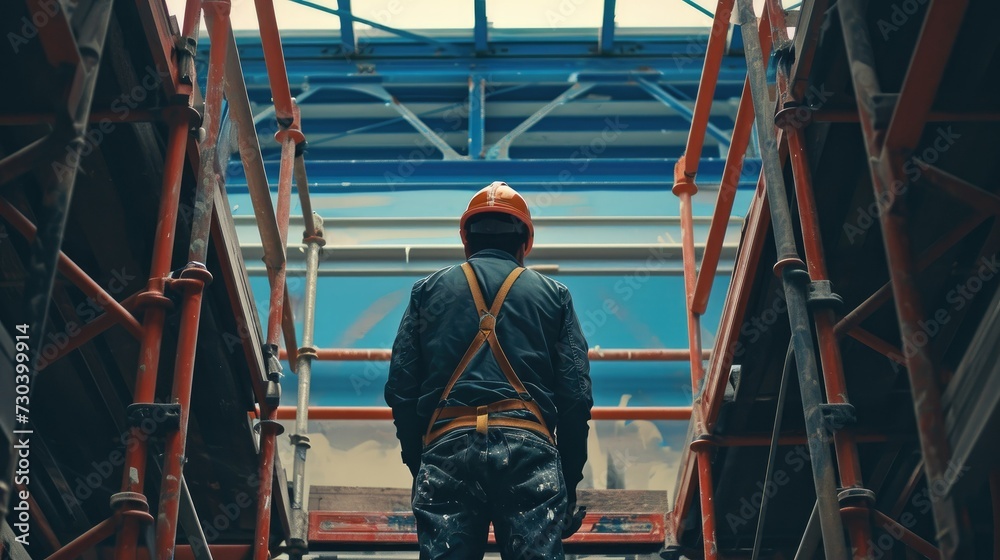 Construction worker in hard hat standing amidst scaffolding, looking up at the structure above.