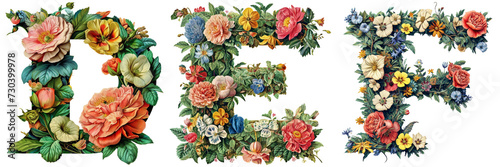 Floral Letters Set Isolated on Transparent or White Background, PNG photo