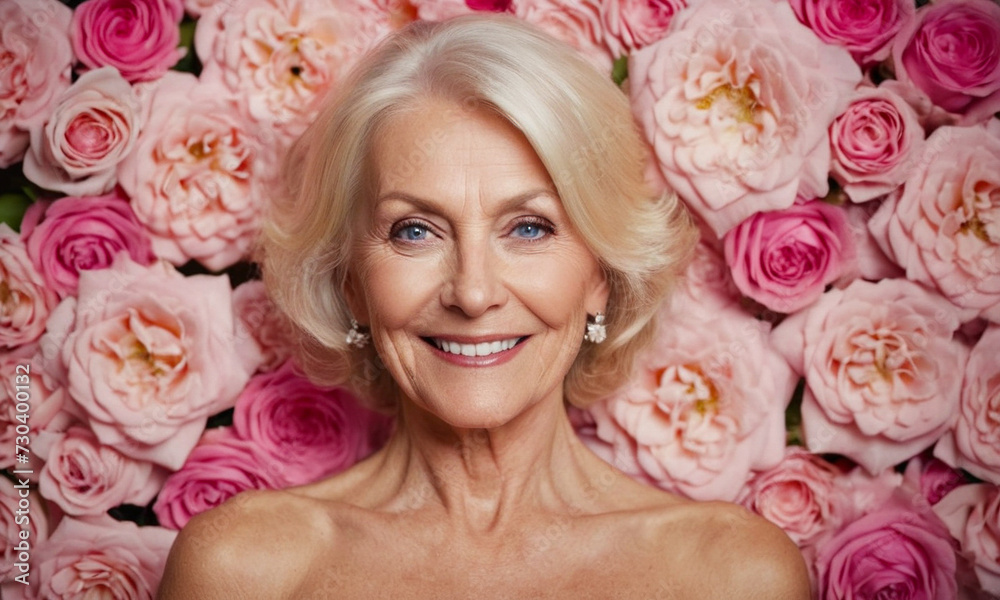 PORTRAIT banner of a cheerful naked blonde woman 60 years old on a background of pink flowers. Old blonde woman with blue eyes. Woman portrait spring PORTRAIT banner of a cheerful naked blonde woman 60 years old on a background of pink flowers. Old blonde woman with blue eyes. Woman portrait spring