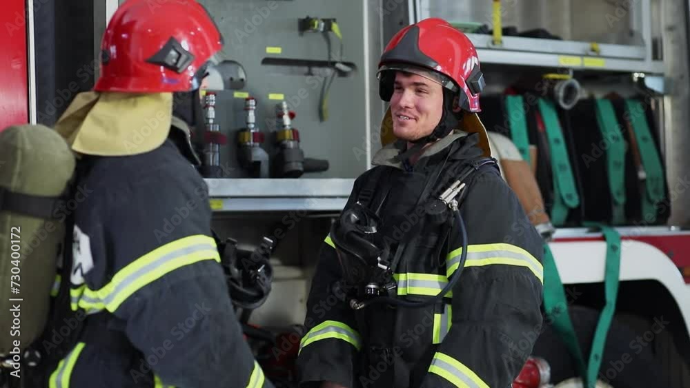Firefighter in protective clothing and red helmet talks with his partner near equipment Firefighter in protective clothing and red helmet talks with his partner near equipment