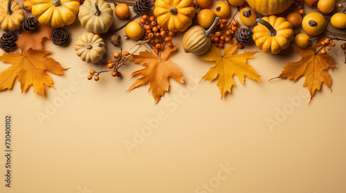 Orange pumpkins and different autumn decoration for Thanksgiving day on the light background, top view
