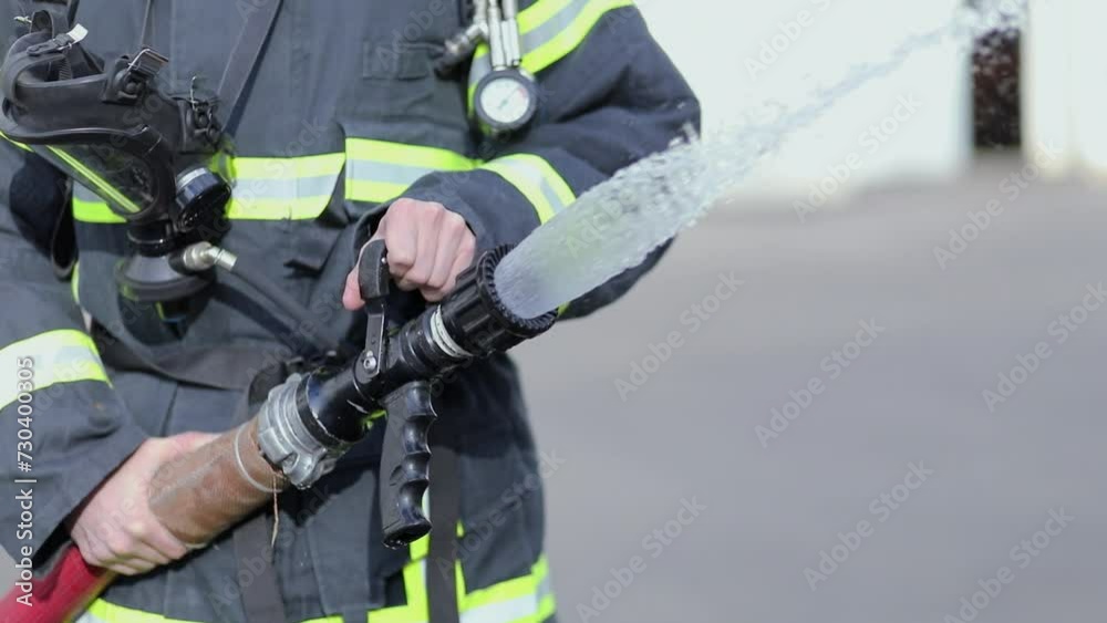 Firefighter holds hose which spraying high pressure water Firefighter holds hose which spraying high pressure water