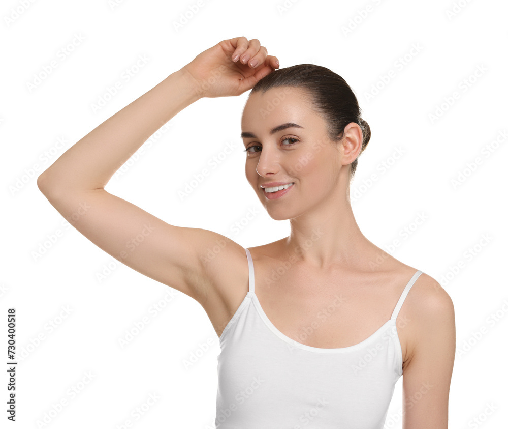 Beautiful woman showing armpit with smooth clean skin on white background Beautiful woman showing armpit with smooth clean skin on white background